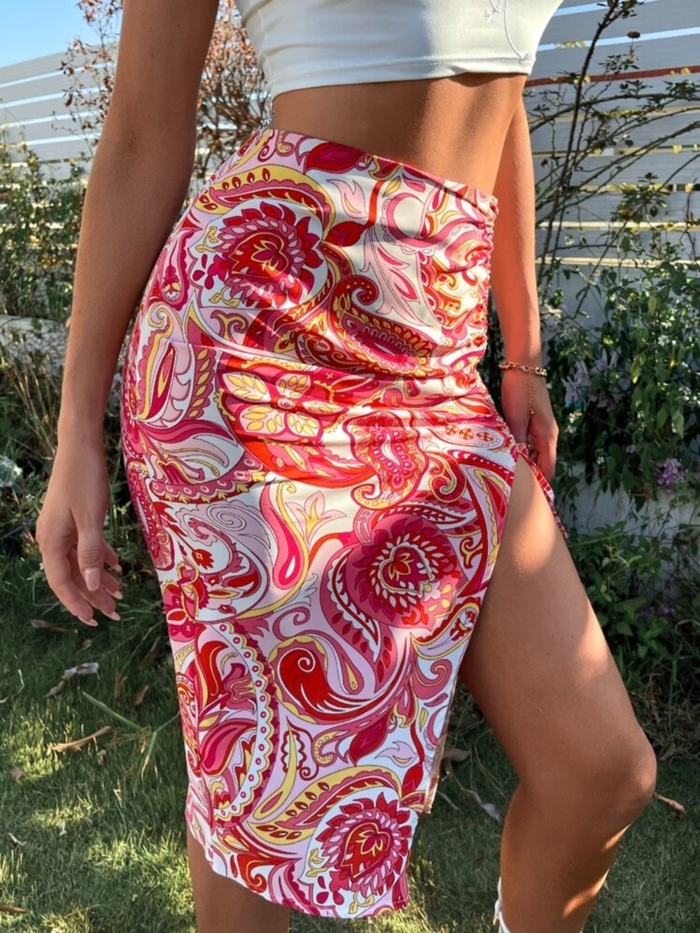 Women's Red Paisley Side-Slit Skirt